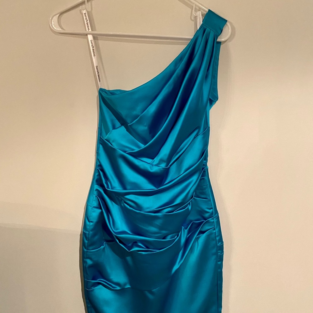 David’s Bridal Silky Teal One Shoulder short Dress